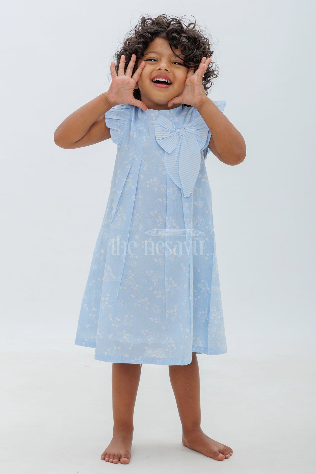 The Nesavu Baby Cotton Frocks Blue Cotton Frock with White Motif and Ruffle Sleeves Nesavu 16 (1Y) / Blue BFJ587A-16 Blue Cotton Frock with White Motif and Ruffle Sleeves - Nesavu