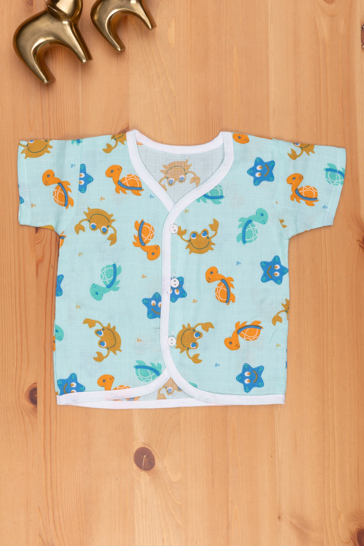 The Nesavu Baby Jhables Blue Cotton Jhabla: Sea Animal Theme for New Infants Nesavu 12 (3M) / Turquise IF013A-12 Cartoon Printed Rompers For Babys | Baby Dress Latest | The Nesavu