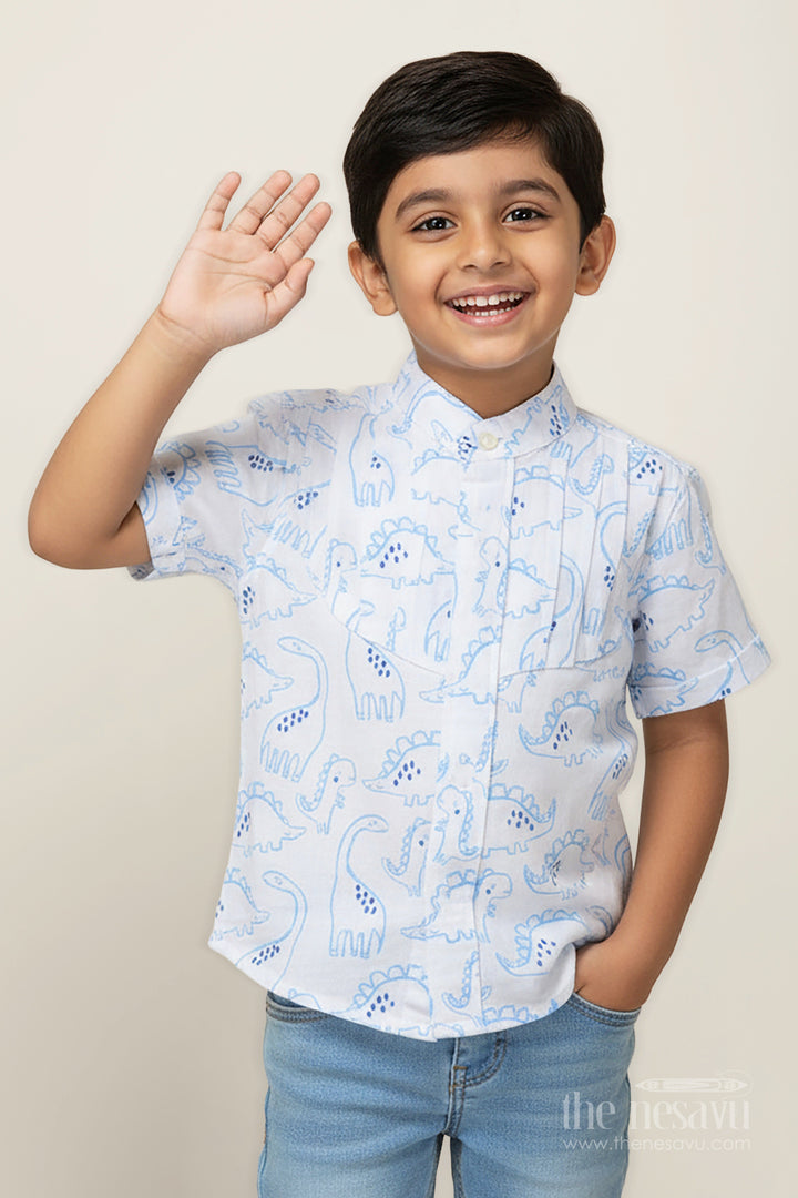 The Nesavu Boys Cotton Shirt Blue Dino Print Boys Shirt in Muslin Cotton Playful and Smart Design Nesavu 16 (1Y) / Blue BS271B-16 Nesavu Boys Muslin Cotton Dinosaur Shirt Blue Dino Prints Lightweight Everyday Comfort