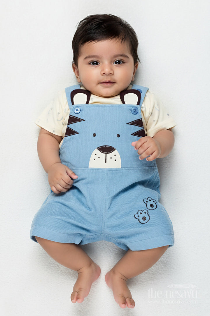 The Nesavu Boys Casual Set Blue Dungaree for Baby Boys with Animal Face Embroidery and Light Yellow Adventure Tee Nesavu 12 (3M) / Blue BCS322B-12 Nesavu Blue Dungaree Baby Boys Corduroy Overalls Adventure Print T-Shirt