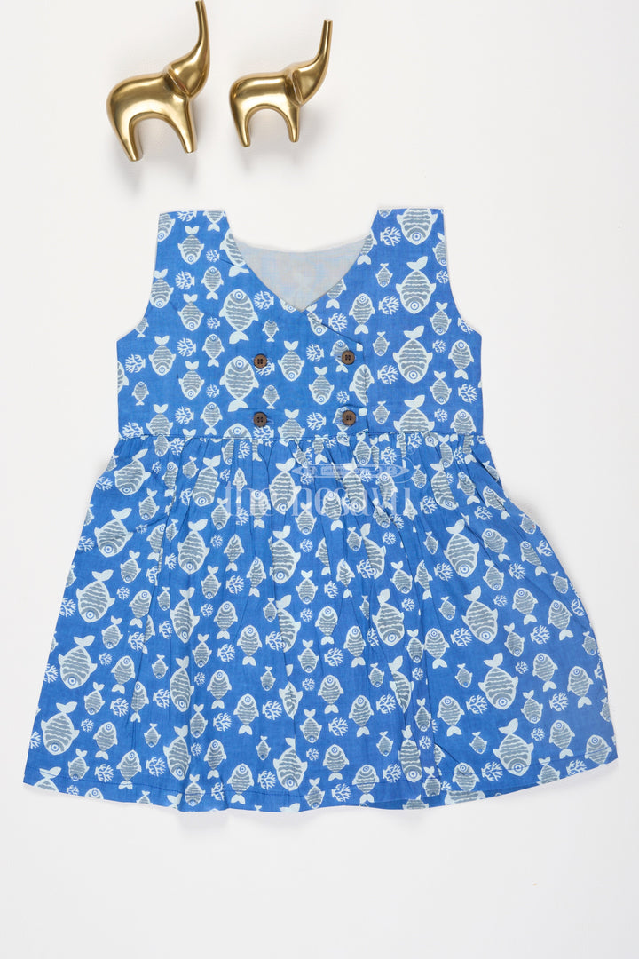 The Nesavu Baby Cotton Frocks Blue Fish Motif Baby Cotton Frock with Mockwrap Neckline and Button Detail Nesavu 10 (NB) / Blue BFJ617A-10 Blue Fish Motif Baby Cotton Frock with Mockwrap Neckline and Button Detail Nesavu