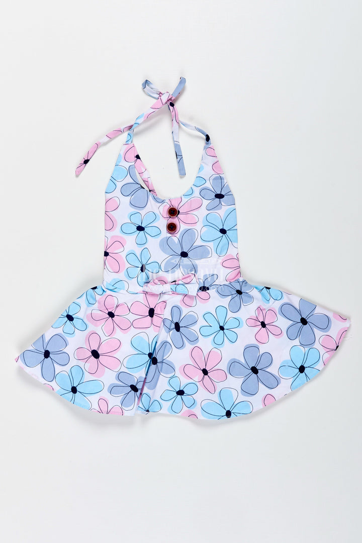 The Nesavu Girls Cotton Frock Blue Floral Cotton Frock for Baby Girls with Halter Neck Nesavu 16 (1Y) / Blue GFC1886A-16 Nesavu Blue Floral Cotton Frock Baby Girls Sleeveless Dress Summer Fun