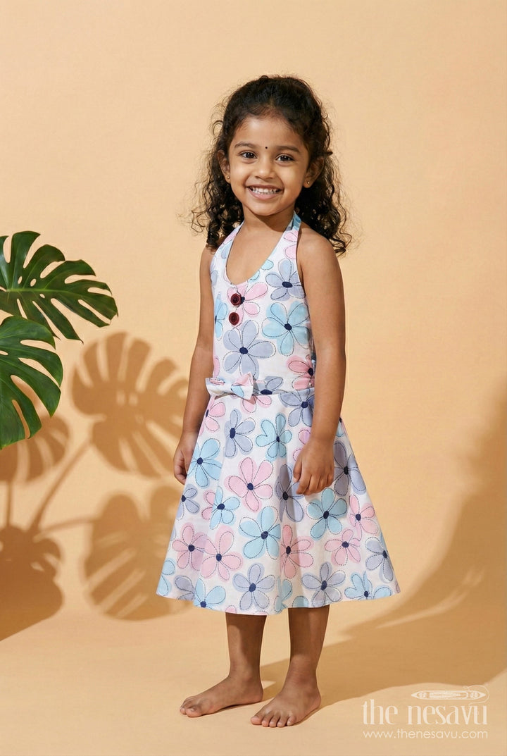 The Nesavu Girls Cotton Frock Blue Floral Cotton Frock for Baby Girls with Halter Neck Nesavu 16 (1Y) / Blue GFC1886A-16 Nesavu Blue Floral Cotton Frock Baby Girls Sleeveless Dress Summer Fun