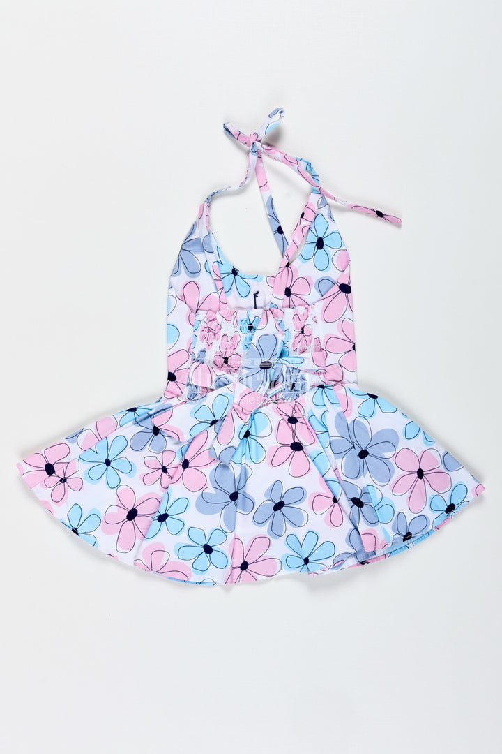 The Nesavu Girls Cotton Frock Blue Floral Cotton Frock for Baby Girls with Halter Neck Nesavu Nesavu Blue Floral Cotton Frock Baby Girls Sleeveless Dress Summer Fun