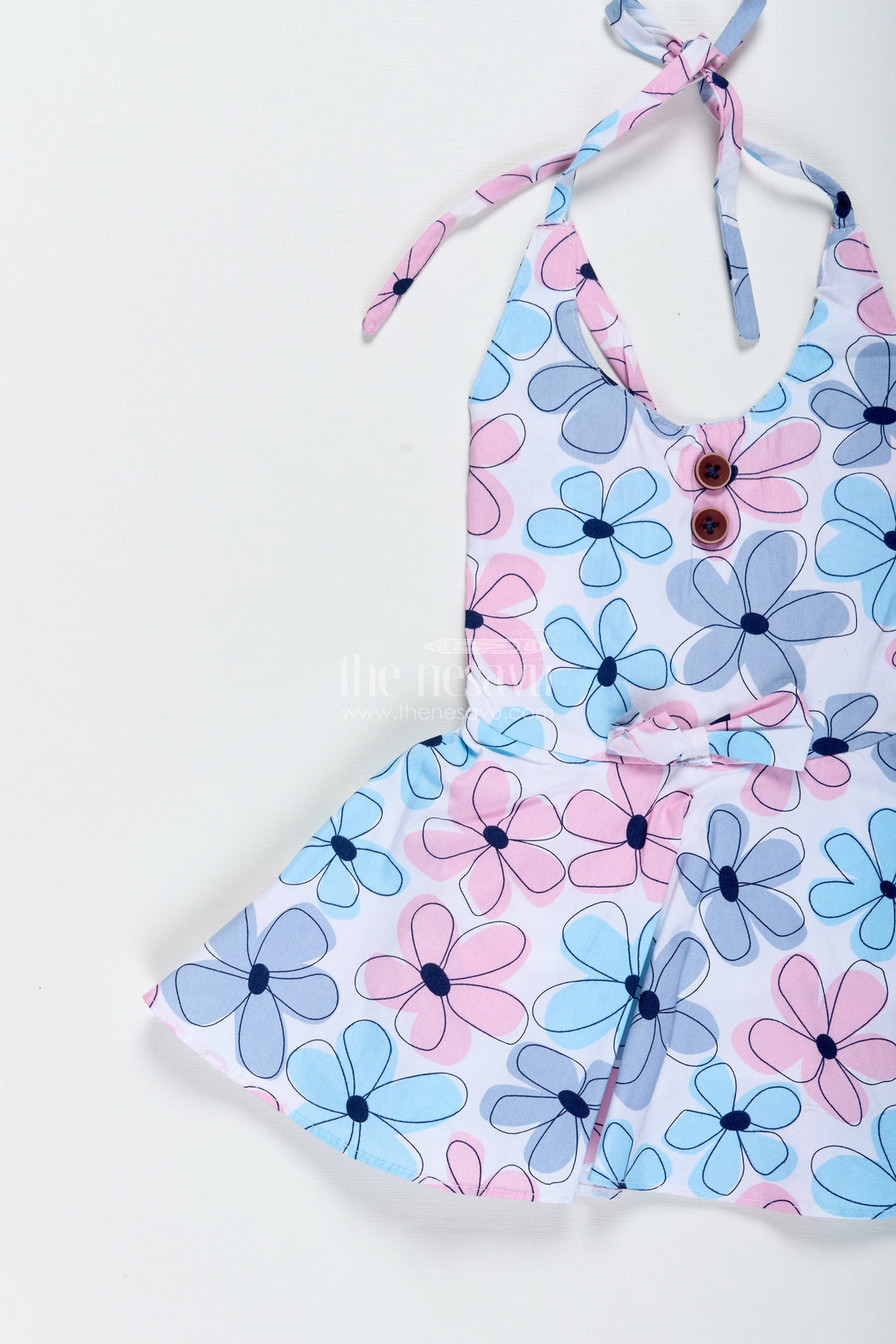 The Nesavu Girls Cotton Frock Blue Floral Cotton Frock for Baby Girls with Halter Neck Nesavu Nesavu Blue Floral Cotton Frock Baby Girls Sleeveless Dress Summer Fun