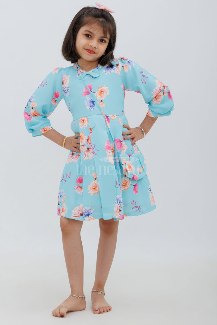 The Nesavu Girls Fancy Frock Blue Floral Print PolyBlend Party Frock for Girls Nesavu Blue Floral Print Poly-Blend Party Frock for Girls - Nesavu