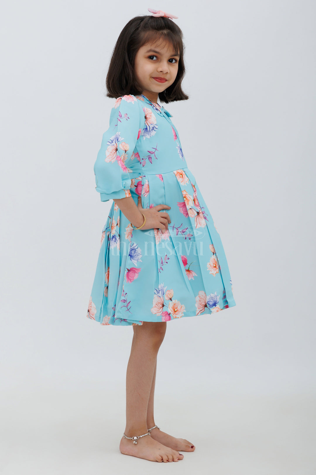 The Nesavu Girls Fancy Frock Blue Floral Print PolyBlend Party Frock for Girls Nesavu Blue Floral Print Poly-Blend Party Frock for Girls - Nesavu