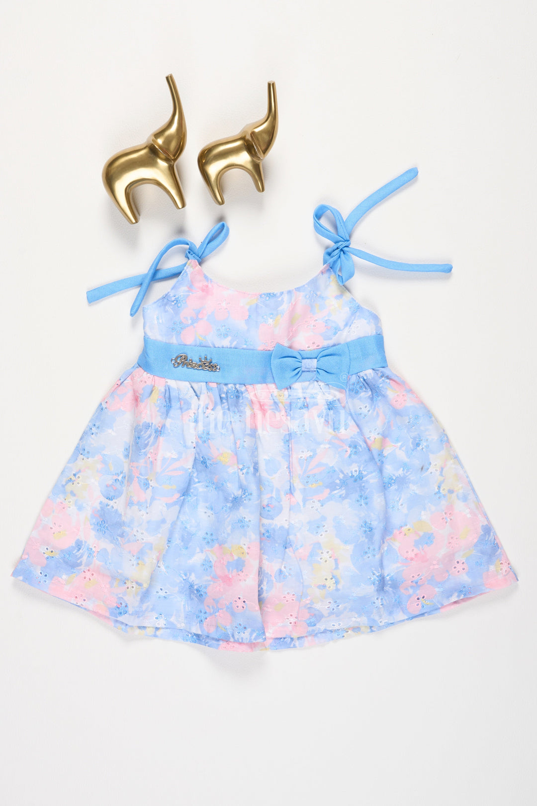 The Nesavu Tie-up Frock Blue Floral Shiffley TieUp Frock with Waist Bow Accent for Baby Girls Nesavu 14 (6M) / Blue BFJ631E-14 Blue Floral Shiffley Tie-Up Frock with Waist Bow Accent for Baby Girls Nesavu