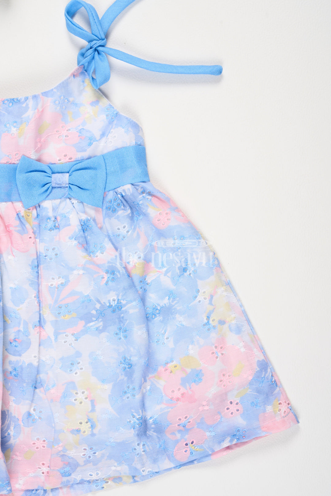 The Nesavu Tie-up Frock Blue Floral Shiffley TieUp Frock with Waist Bow Accent for Baby Girls Nesavu Blue Floral Shiffley Tie-Up Frock with Waist Bow Accent for Baby Girls Nesavu