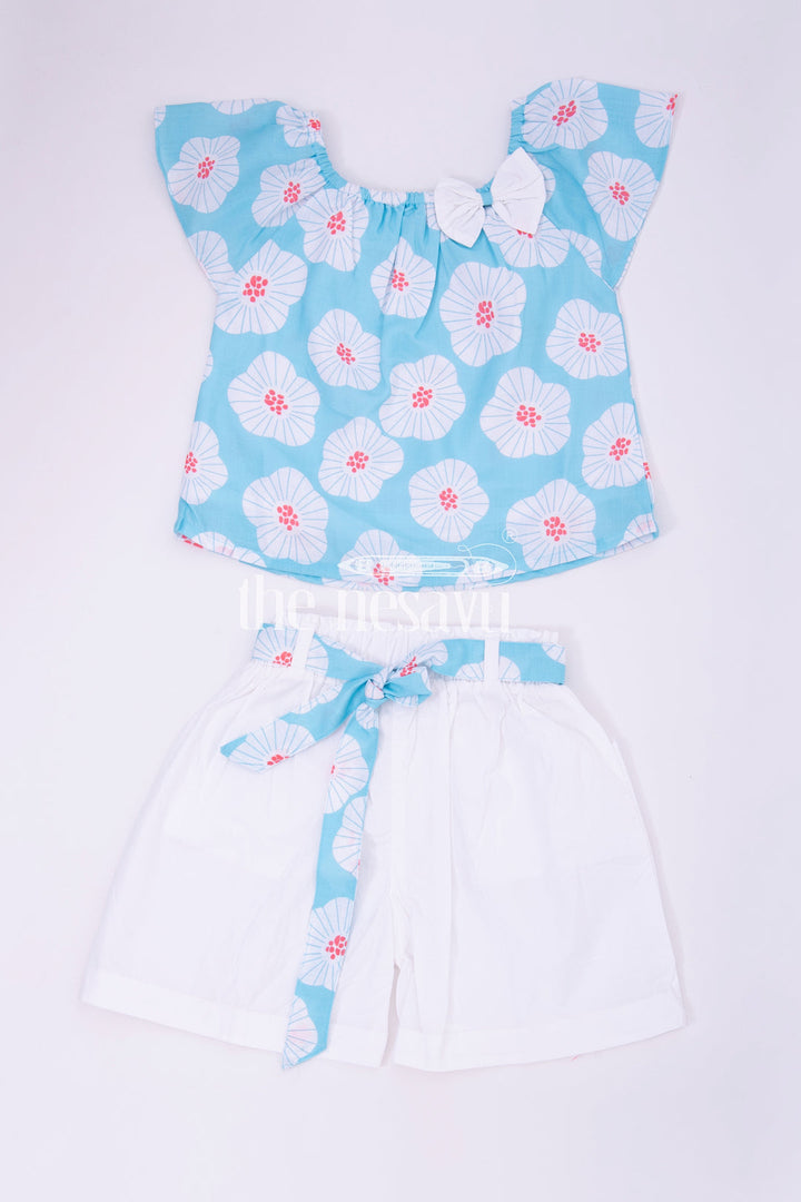 The Nesavu Girls Casual Set Blue Floral Top and White Shorts Set for Girls Nesavu 16 (1Y) / Blue GFC1374A-16 Blue Floral Top and White Shorts Set for Girls - Nesavu