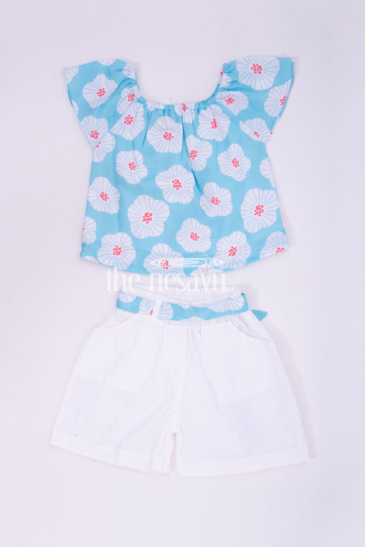 The Nesavu Girls Casual Set Blue Floral Top and White Shorts Set for Girls Nesavu Blue Floral Top and White Shorts Set for Girls - Nesavu