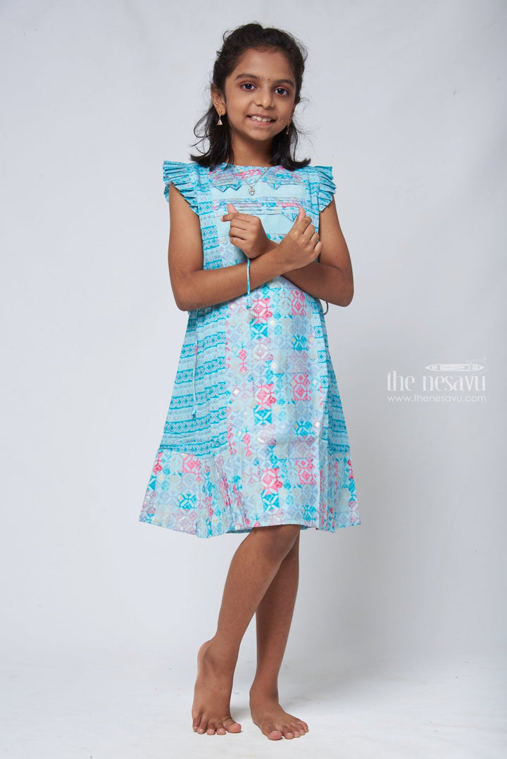 The Nesavu Girls Cotton Frock Blue Geometric A-line Frock - Trendy Girls Cotton Dress Nesavu Frocks Cotton Dresses | Daily Use Cotton Frock | The Nesavu