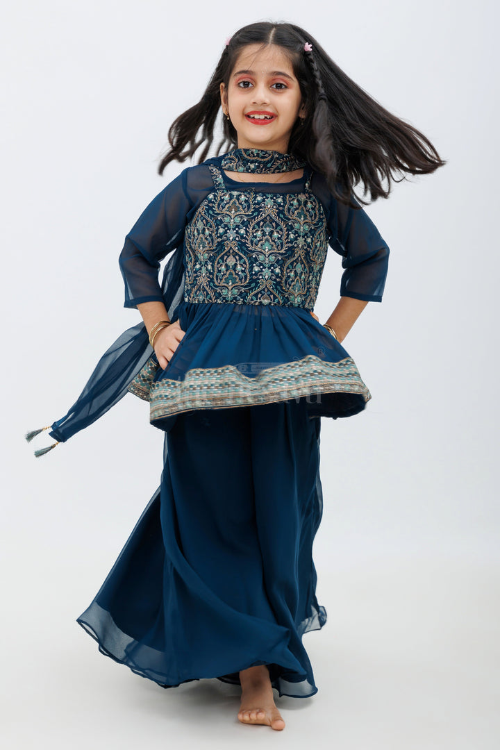 The Nesavu Girls Sharara / Plazo Set Blue Georgette Embroidered Palazzo Set with Dupatta Nesavu 24 (5Y) / Blue GPS378A-24 Blue Georgette Embroidered Palazzo Set with Dupatta - Nesavu