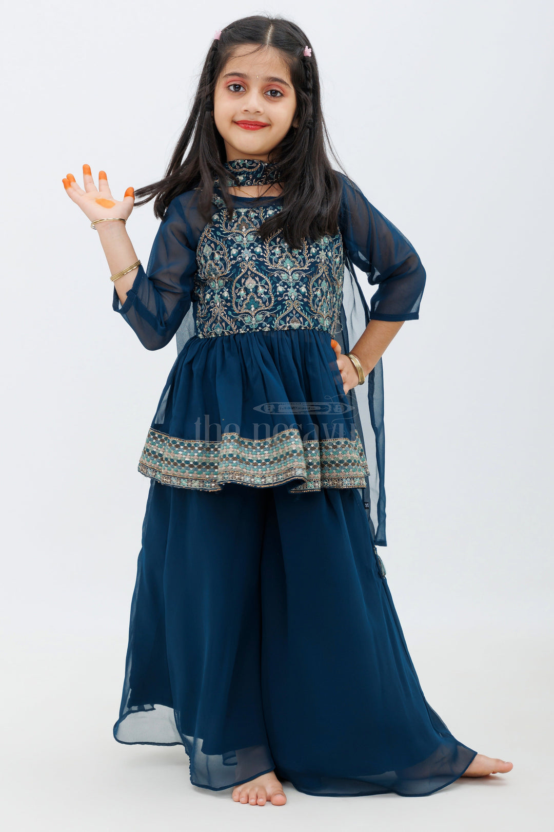 The Nesavu Girls Sharara / Plazo Set Blue Georgette Embroidered Palazzo Set with Dupatta Nesavu Blue Georgette Embroidered Palazzo Set with Dupatta - Nesavu