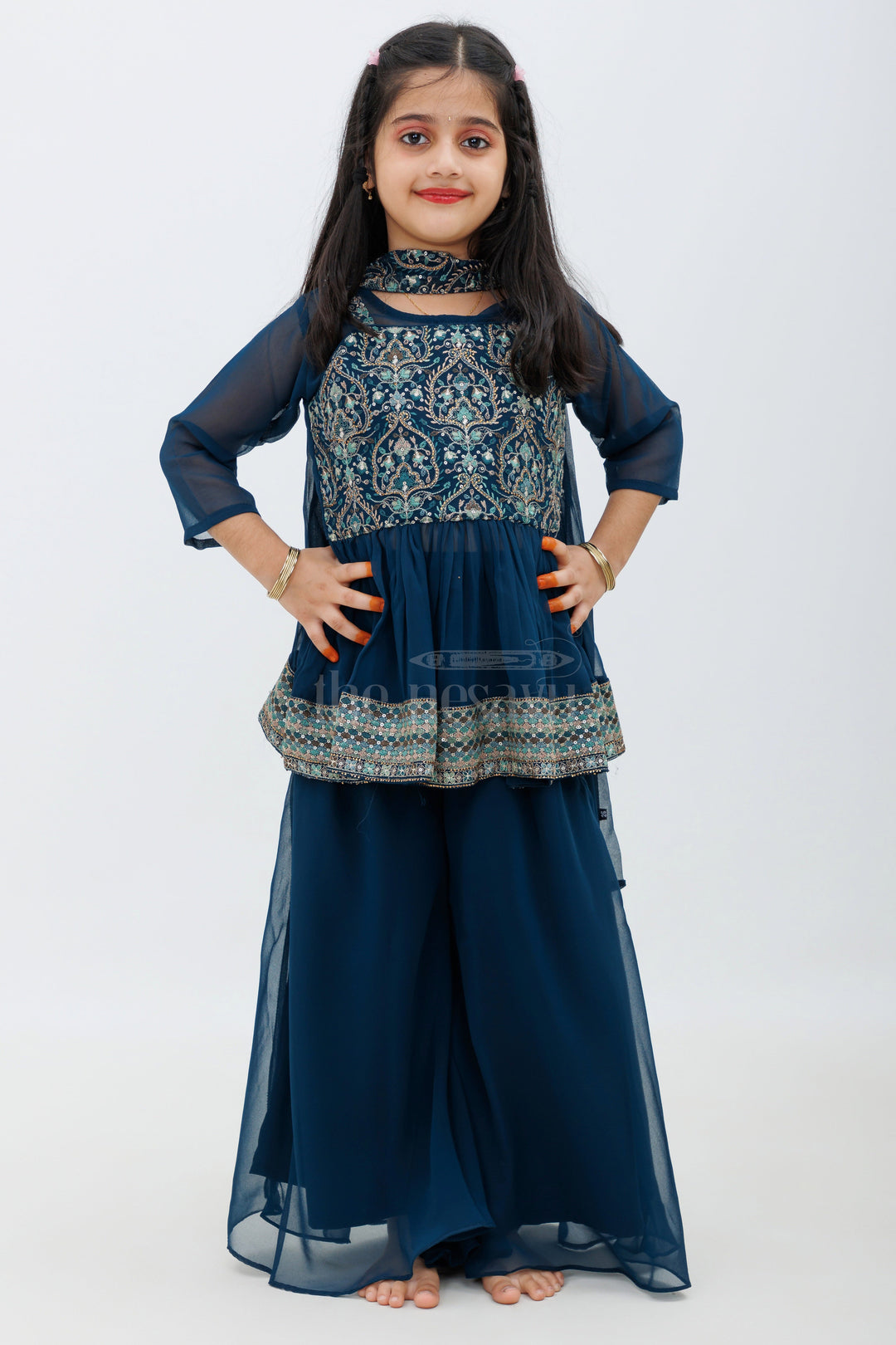 The Nesavu Girls Sharara / Plazo Set Blue Georgette Embroidered Palazzo Set with Dupatta Nesavu Blue Georgette Embroidered Palazzo Set with Dupatta - Nesavu