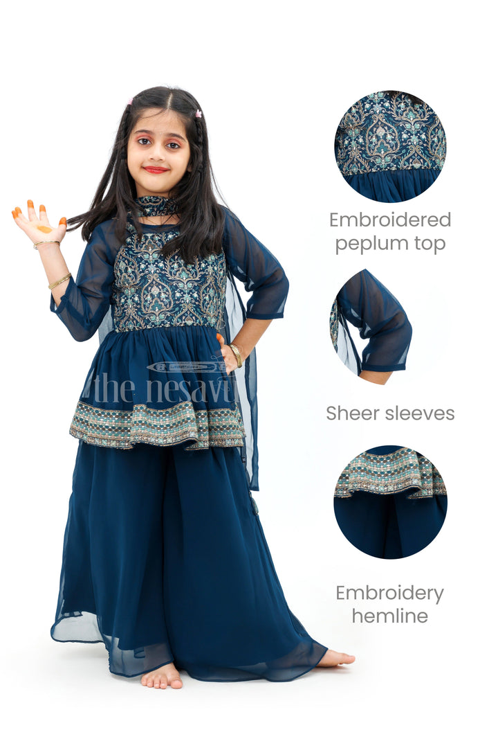 The Nesavu Girls Sharara / Plazo Set Blue Georgette Embroidered Palazzo Set with Dupatta Nesavu Blue Georgette Embroidered Palazzo Set with Dupatta - Nesavu