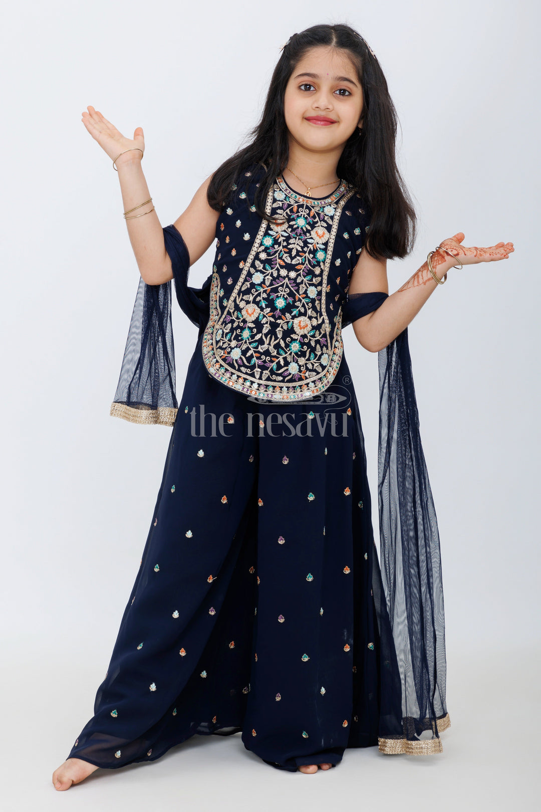 The Nesavu Girls Sharara / Plazo Set Blue Georgette Sharara Set with Gold Embroidery and Sleeveless Top for Girls Festive Wear Nesavu 24 (5Y) / Blue GPS448A-24 Nesavu Blue Sharara Set Girls Embroidered Sleeveless Top Palazzo Pants Festive Wear