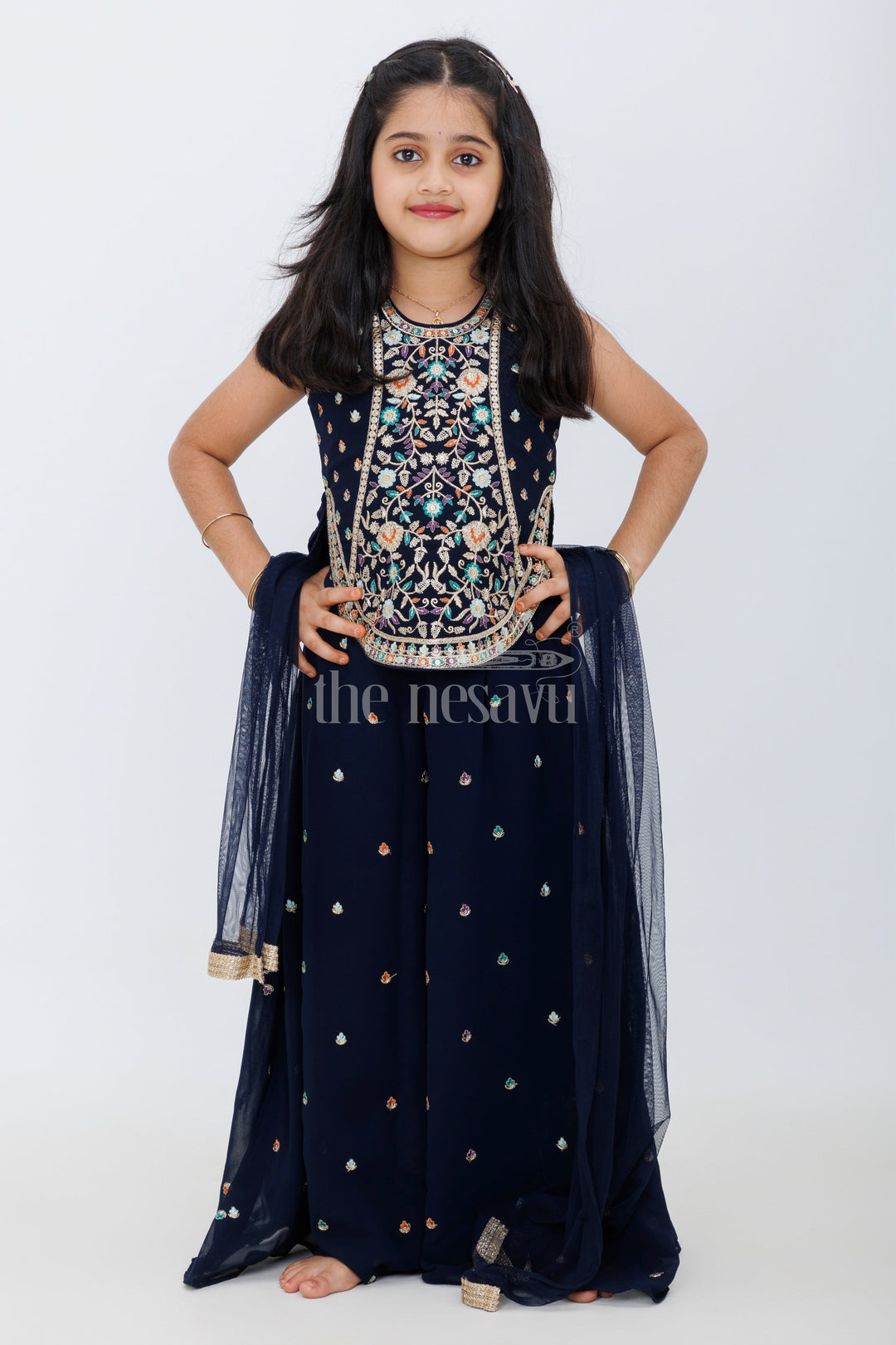 The Nesavu Girls Sharara / Plazo Set Blue Georgette Sharara Set with Gold Embroidery and Sleeveless Top for Girls Festive Wear Nesavu Nesavu Blue Sharara Set Girls Embroidered Sleeveless Top Palazzo Pants Festive Wear