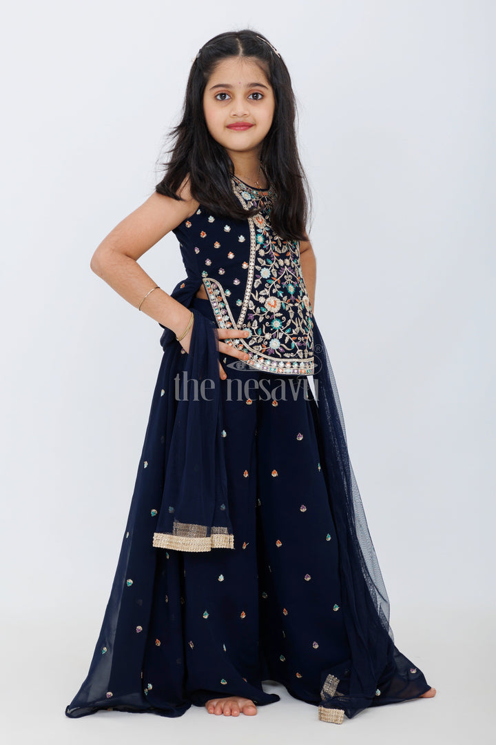 The Nesavu Girls Sharara / Plazo Set Blue Georgette Sharara Set with Gold Embroidery and Sleeveless Top for Girls Festive Wear Nesavu Nesavu Blue Sharara Set Girls Embroidered Sleeveless Top Palazzo Pants Festive Wear