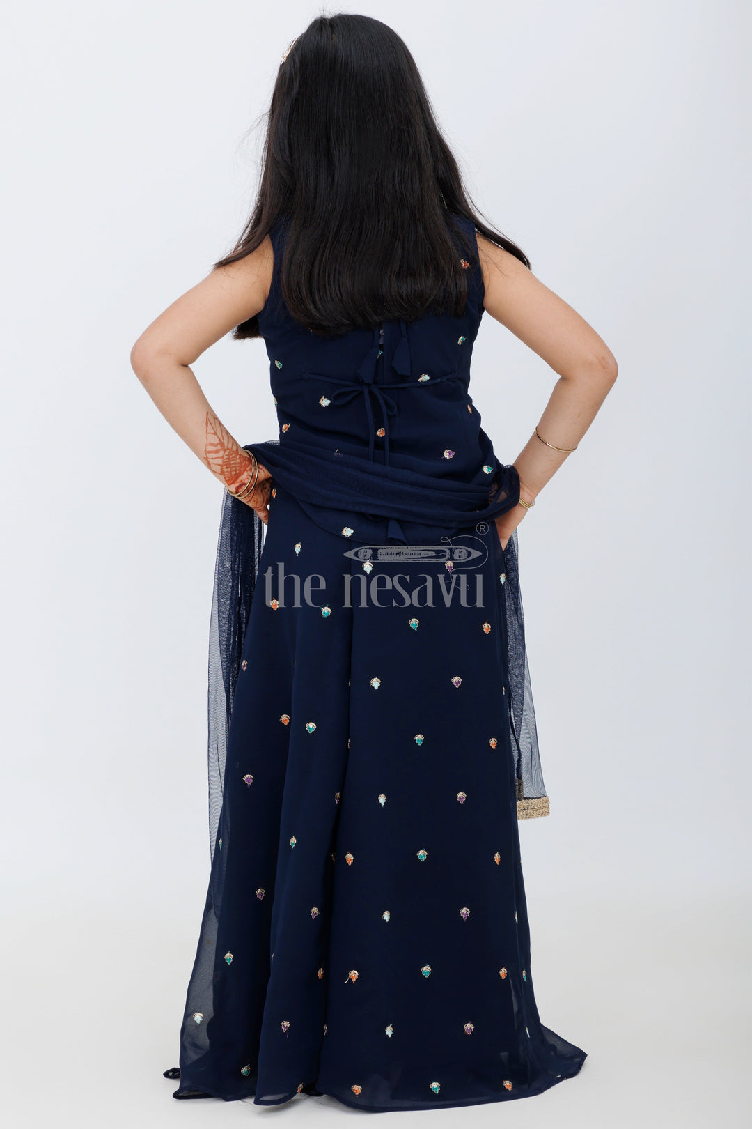 The Nesavu Girls Sharara / Plazo Set Blue Georgette Sharara Set with Gold Embroidery and Sleeveless Top for Girls Festive Wear Nesavu Nesavu Blue Sharara Set Girls Embroidered Sleeveless Top Palazzo Pants Festive Wear