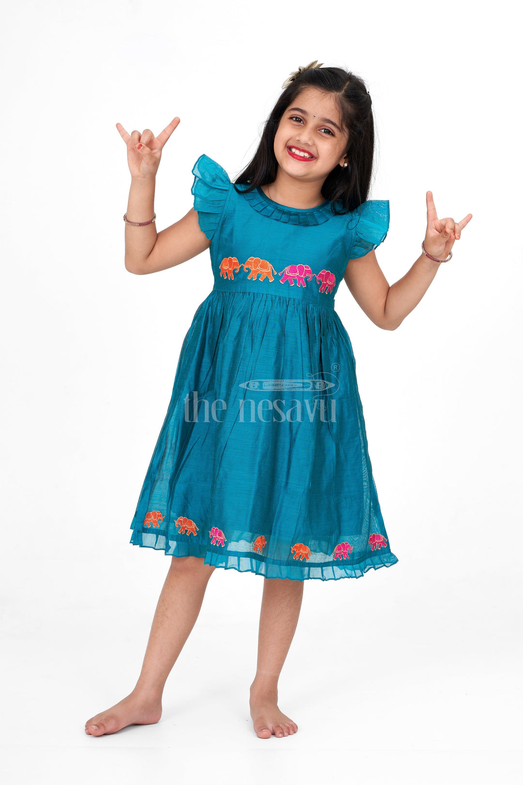 The Nesavu Girls Cotton Frock Blue Girls Party Frock in Chanderi with Colorful Elephant Embroidery Perfect for Special Occasions Nesavu 16 (1Y) / Blue GFC1465A-16 Nesavu Blue Girls Party Frock Elephant Embroidery Charming Chanderi Dress Special Occasions