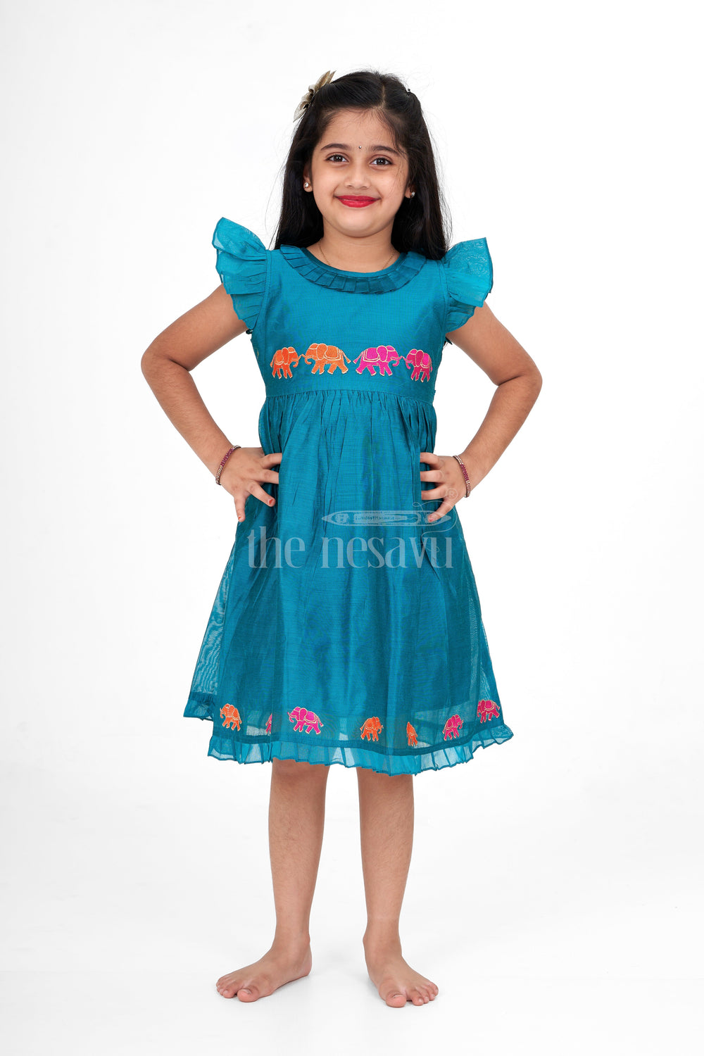 The Nesavu Girls Cotton Frock Blue Girls Party Frock in Chanderi with Colorful Elephant Embroidery Perfect for Special Occasions Nesavu Nesavu Blue Girls Party Frock Elephant Embroidery Charming Chanderi Dress Special Occasions