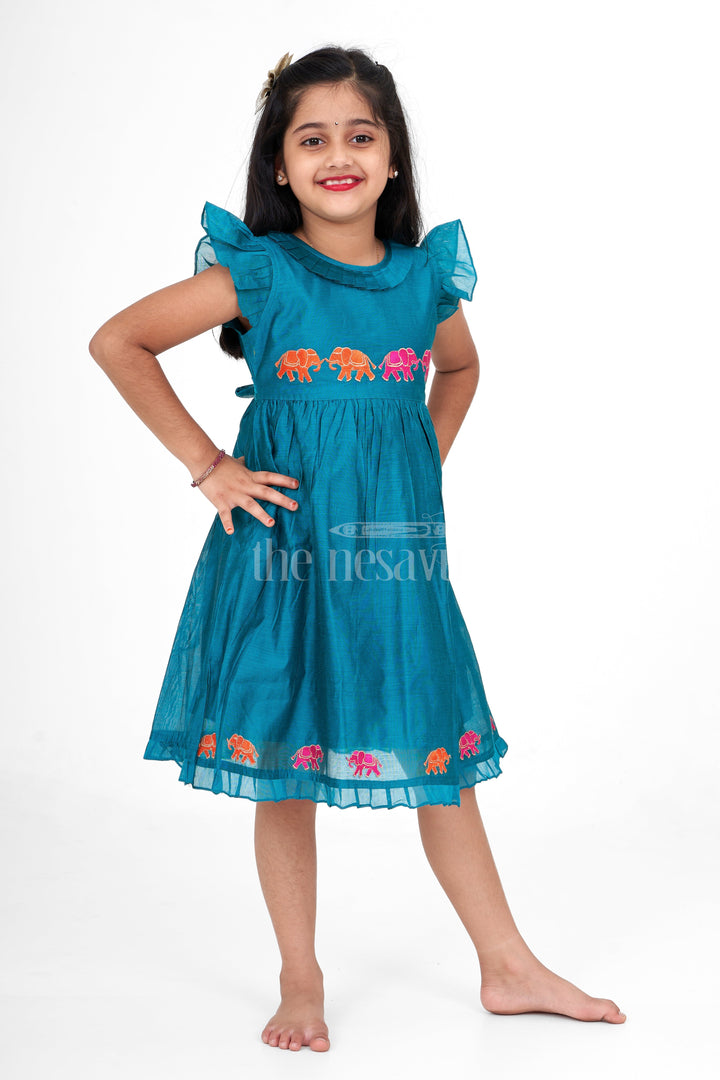 The Nesavu Girls Cotton Frock Blue Girls Party Frock in Chanderi with Colorful Elephant Embroidery Perfect for Special Occasions Nesavu Nesavu Blue Girls Party Frock Elephant Embroidery Charming Chanderi Dress Special Occasions