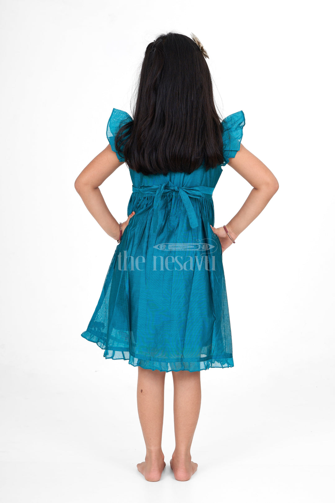 The Nesavu Girls Cotton Frock Blue Girls Party Frock in Chanderi with Colorful Elephant Embroidery Perfect for Special Occasions Nesavu Nesavu Blue Girls Party Frock Elephant Embroidery Charming Chanderi Dress Special Occasions