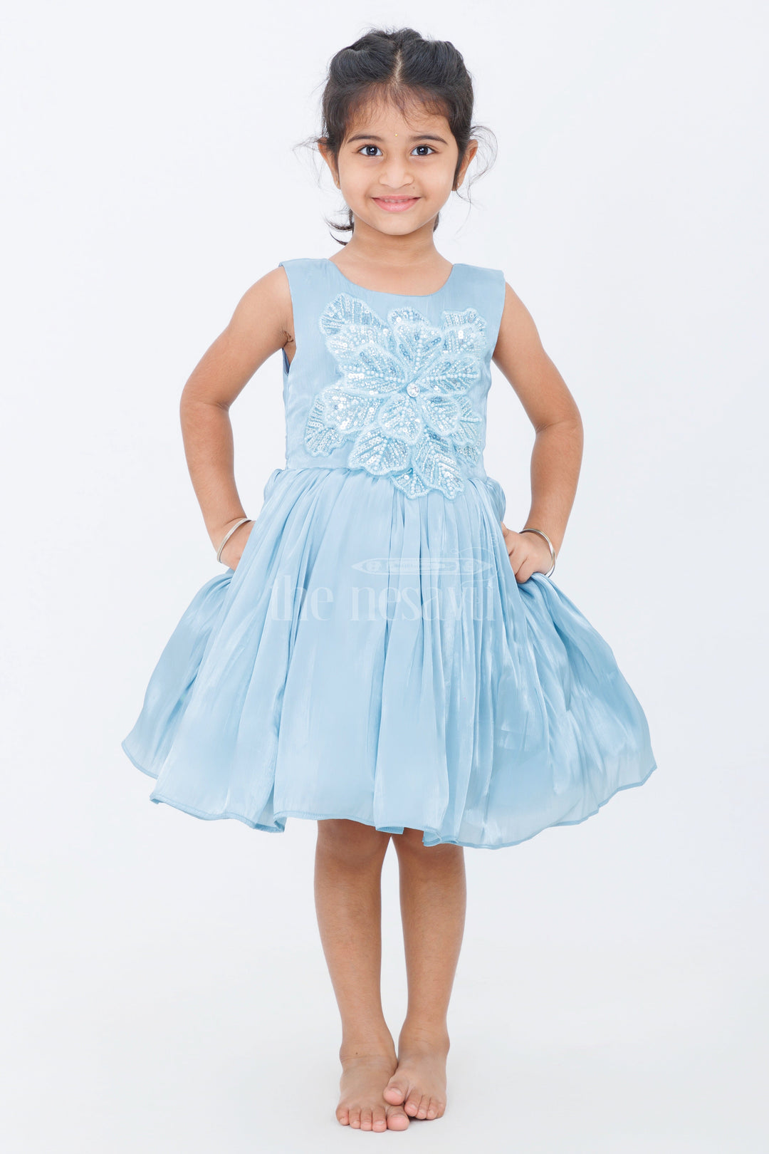 The Nesavu Girls Fancy Party Frock Blue Glaze Organza Girls Party Frock with Sequin Floral Embellishments Nesavu 16 (1Y) / Blue PF193A-16 Nesavu Blue Organza Party Frock Girls Sequin Floral Embellishments Pleated Skirt