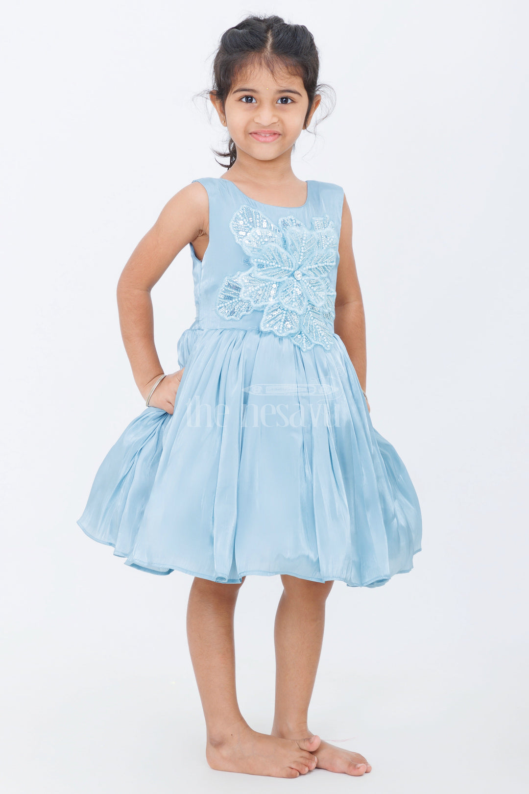 The Nesavu Girls Fancy Party Frock Blue Glaze Organza Girls Party Frock with Sequin Floral Embellishments Nesavu Nesavu Blue Organza Party Frock Girls Sequin Floral Embellishments Pleated Skirt