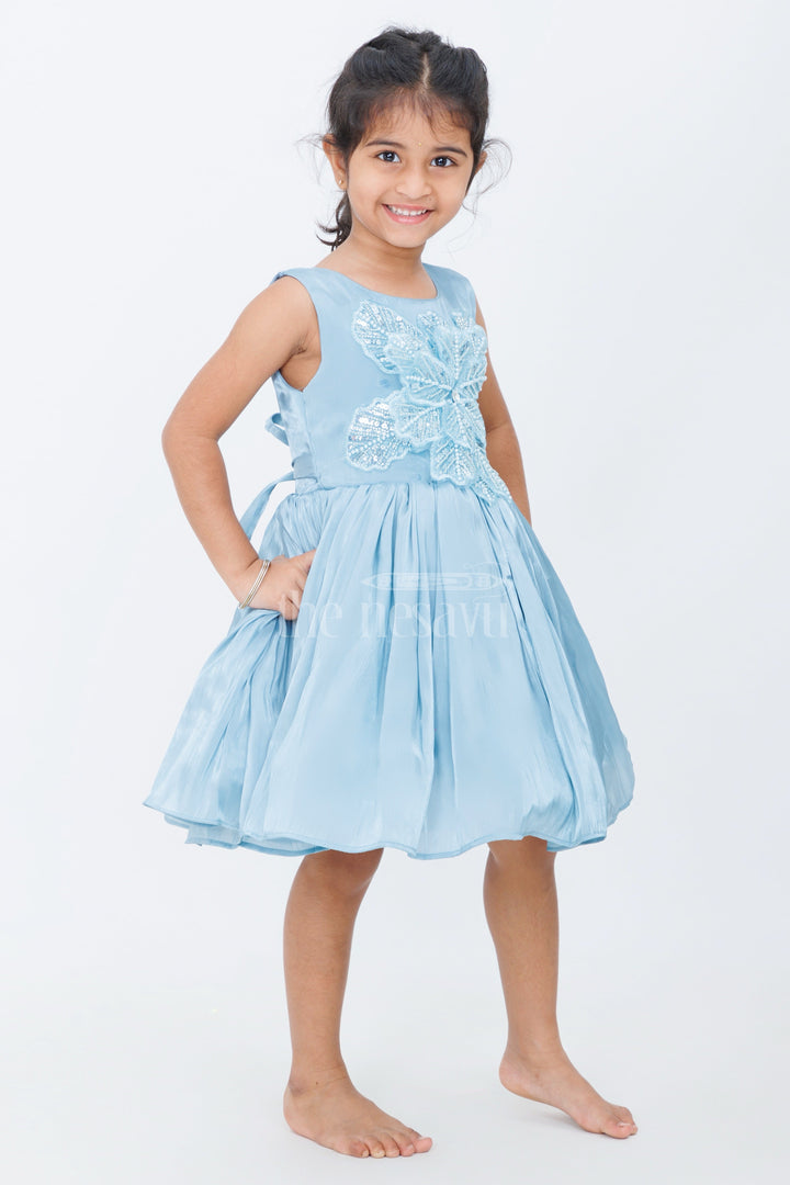 The Nesavu Girls Fancy Party Frock Blue Glaze Organza Girls Party Frock with Sequin Floral Embellishments Nesavu Nesavu Blue Organza Party Frock Girls Sequin Floral Embellishments Pleated Skirt