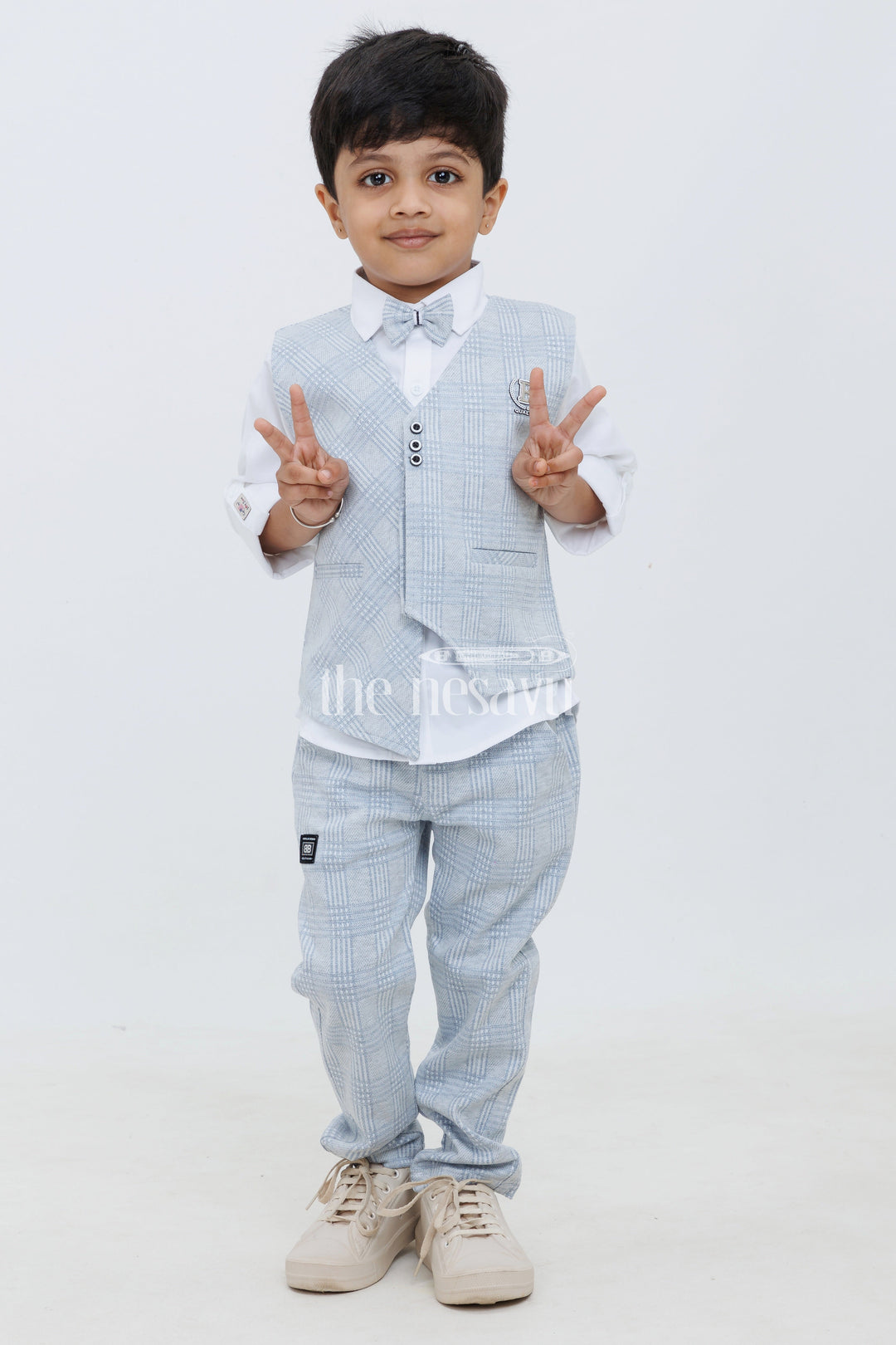 The Nesavu Boys Casual Set Blue Grey Knitted Checkered ThreePiece Boy Set with Waistcoat Jacket and TShirt Nesavu 14 (6M) / Blue BCS133B-14 Blue Grey Knitted Checkered Three-Piece Boy Set with Waistcoat Jacket and T-Shirt Nesavu