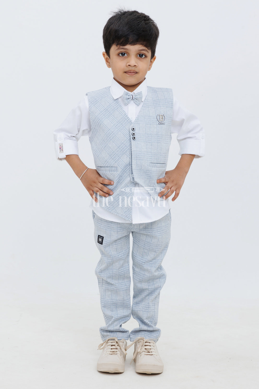 The Nesavu Boys Casual Set Blue Grey Knitted Checkered ThreePiece Boy Set with Waistcoat Jacket and TShirt Nesavu Blue Grey Knitted Checkered Three-Piece Boy Set with Waistcoat Jacket and T-Shirt Nesavu