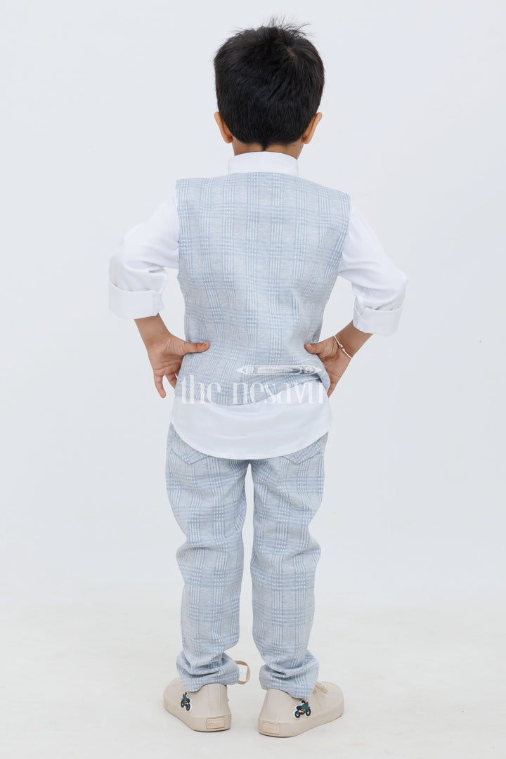 The Nesavu Boys Casual Set Blue Grey Knitted Checkered ThreePiece Boy Set with Waistcoat Jacket and TShirt Nesavu Blue Grey Knitted Checkered Three-Piece Boy Set with Waistcoat Jacket and T-Shirt Nesavu