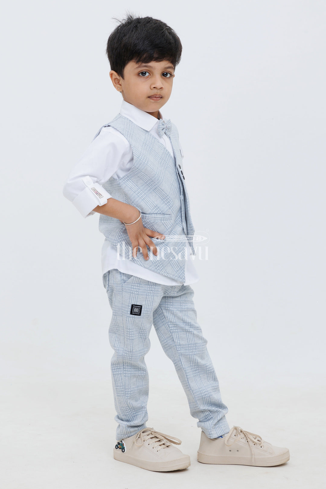 The Nesavu Boys Casual Set Blue Grey Knitted Checkered ThreePiece Boy Set with Waistcoat Jacket and TShirt Nesavu Blue Grey Knitted Checkered Three-Piece Boy Set with Waistcoat Jacket and T-Shirt Nesavu