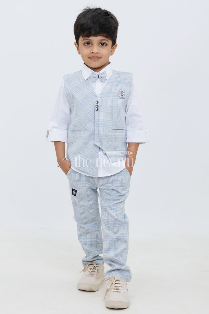 The Nesavu Boys Casual Set Blue Grey Knitted Checkered ThreePiece Boy Set with Waistcoat Jacket and TShirt Nesavu Blue Grey Knitted Checkered Three-Piece Boy Set with Waistcoat Jacket and T-Shirt Nesavu