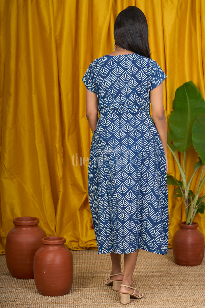 The Nesavu Womens Flared Kurthas Blue Indigo Cotton Printed Flared Kurtha for Women with Short Sleeves Nesavu Nesavu Blue Indigo Cotton Printed Flared Kurtha Women Short Sleeves