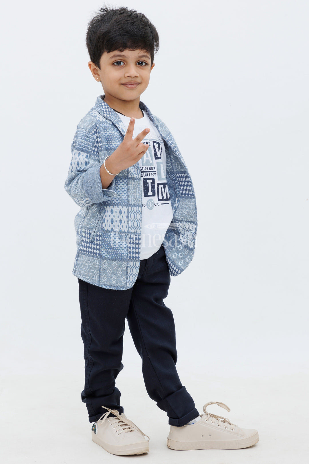 The Nesavu Boys Blazer Set Blue Knitted Boys Blazer Set with Jacquard Jacket and TShirt and Pants for Special Occasions Nesavu 22 (4Y) / Blue BCS127A-22 Blue Knitted Boys Blazer Set with Jacquard Jacket Nesavu