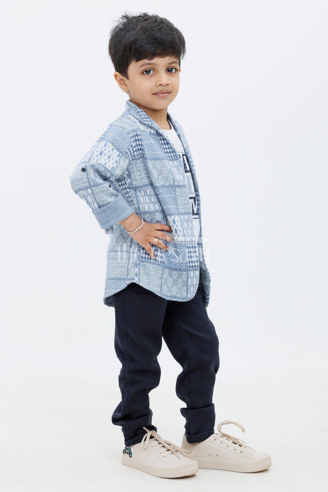 The Nesavu Boys Blazer Set Blue Knitted Boys Blazer Set with Jacquard Jacket and TShirt and Pants for Special Occasions Nesavu Blue Knitted Boys Blazer Set with Jacquard Jacket Nesavu