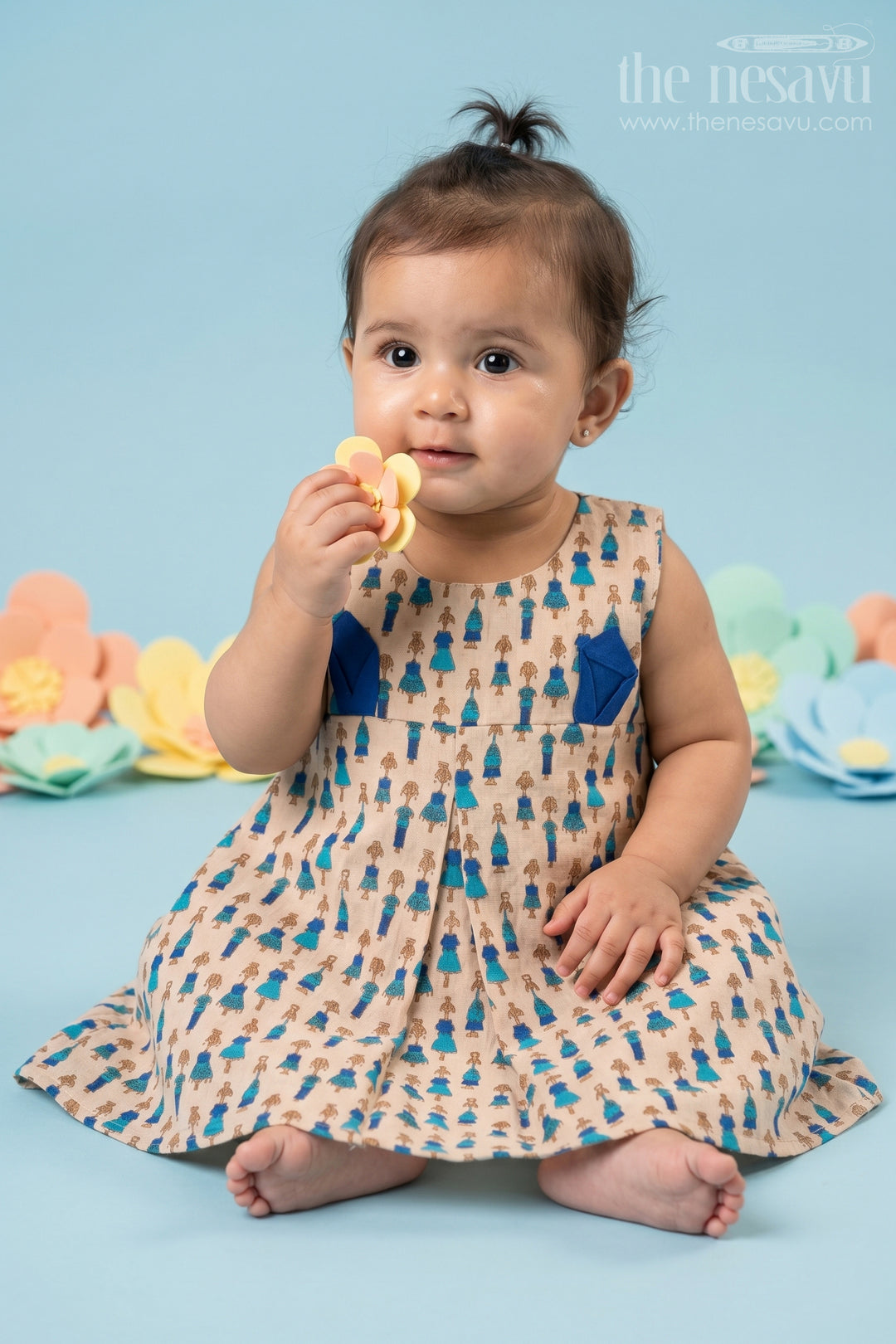 The Nesavu Baby Cotton Frocks Blue Marapachi Doll Cotton Baby Frock with Rabbit Ear Details Nesavu 12 (3M) / Beige BFJ616A-12 Blue Marapachi Doll Cotton Baby Frock with Rabbit Ear Details Nesavu