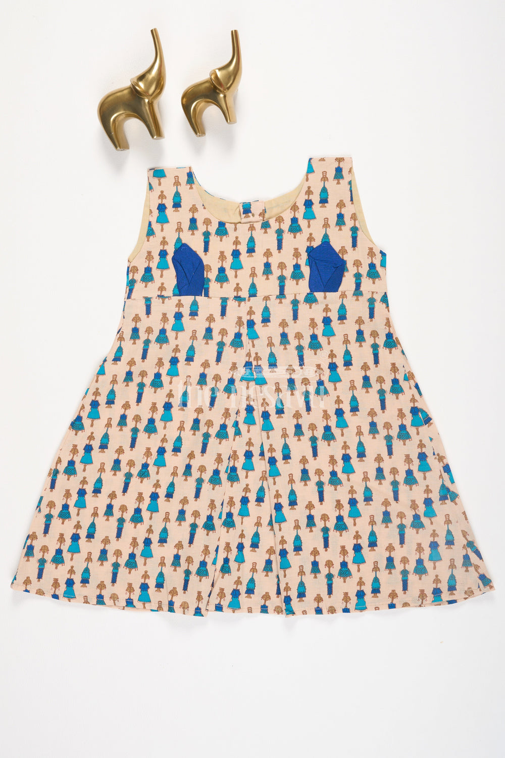 The Nesavu Baby Cotton Frocks Blue Marapachi Doll Cotton Baby Frock with Rabbit Ear Details Nesavu 12 (3M) / Beige BFJ616A-12 Blue Marapachi Doll Cotton Baby Frock with Rabbit Ear Details Nesavu