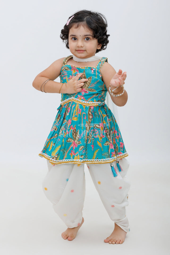 The Nesavu Girls Dothi Sets Blue Modal Chanderi Dhoti Set with Floral Kurta Nesavu 16 (1Y) / Blue GPS375B-16 Blue Modal Chanderi Dhoti Set with Floral Kurta for Girls - Nesavu