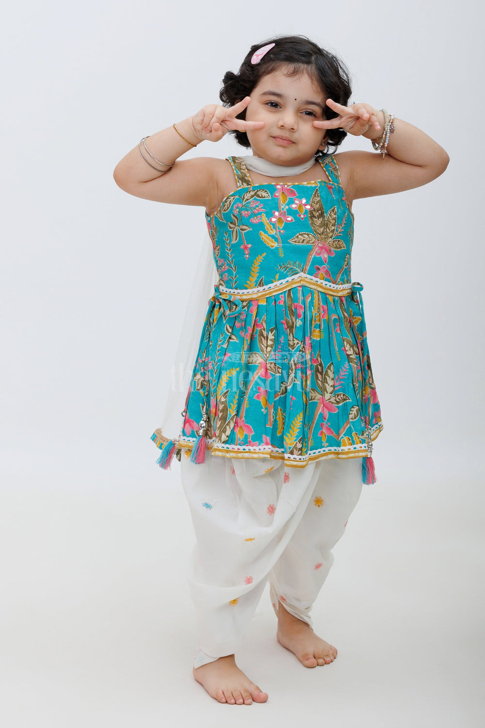 The Nesavu Girls Dothi Sets Blue Modal Chanderi Dhoti Set with Floral Kurta Nesavu Blue Modal Chanderi Dhoti Set with Floral Kurta for Girls - Nesavu