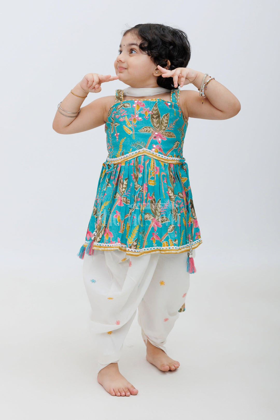 The Nesavu Girls Dothi Sets Blue Modal Chanderi Dhoti Set with Floral Kurta Nesavu Blue Modal Chanderi Dhoti Set with Floral Kurta for Girls - Nesavu