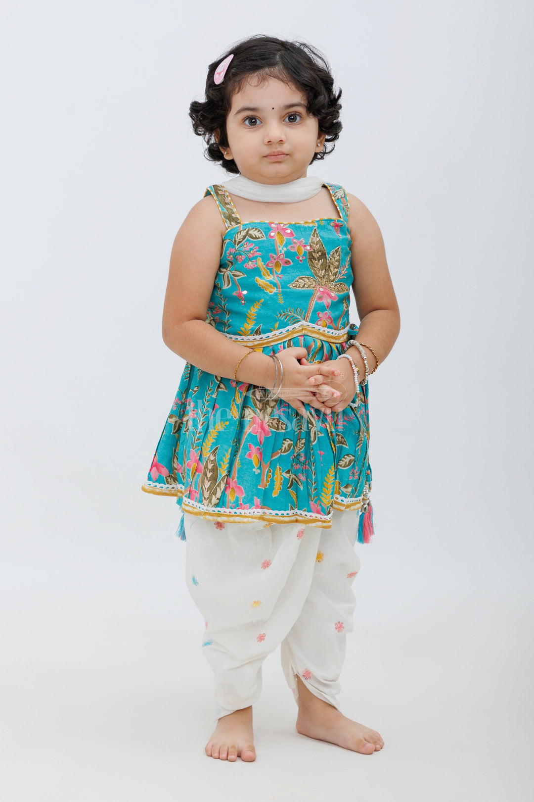 The Nesavu Girls Dothi Sets Blue Modal Chanderi Dhoti Set with Floral Kurta Nesavu Blue Modal Chanderi Dhoti Set with Floral Kurta for Girls - Nesavu