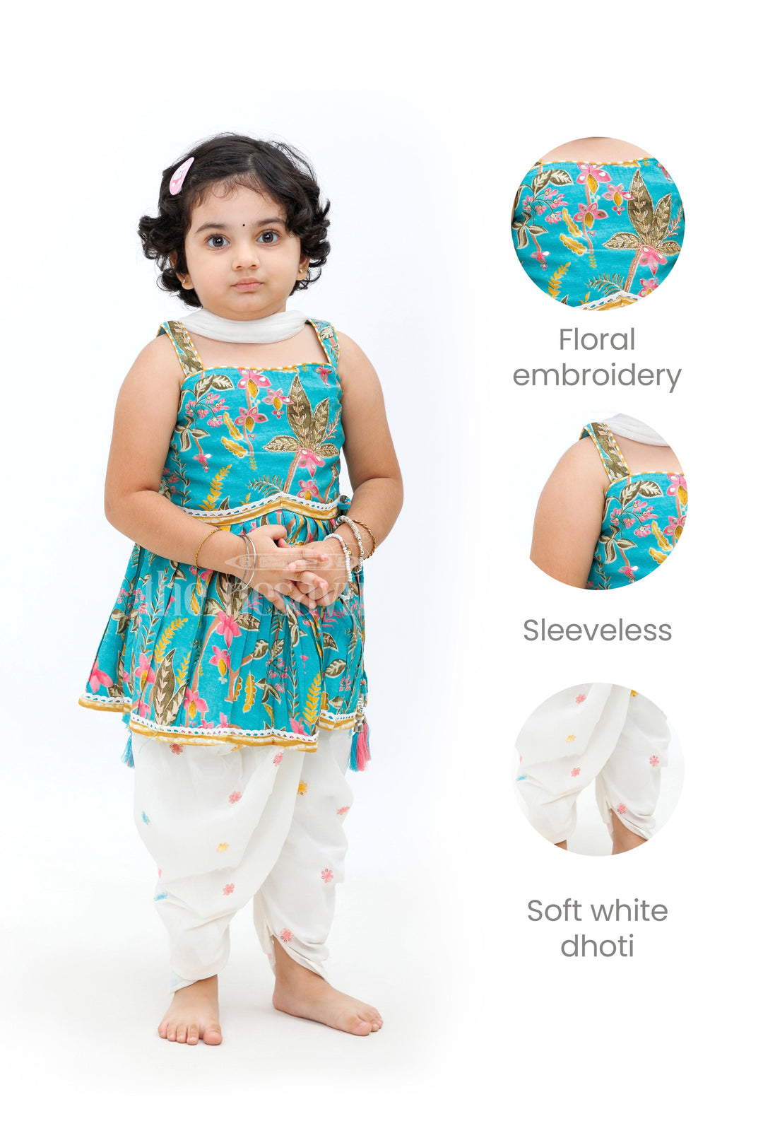 The Nesavu Girls Dothi Sets Blue Modal Chanderi Dhoti Set with Floral Kurta Nesavu Blue Modal Chanderi Dhoti Set with Floral Kurta for Girls - Nesavu