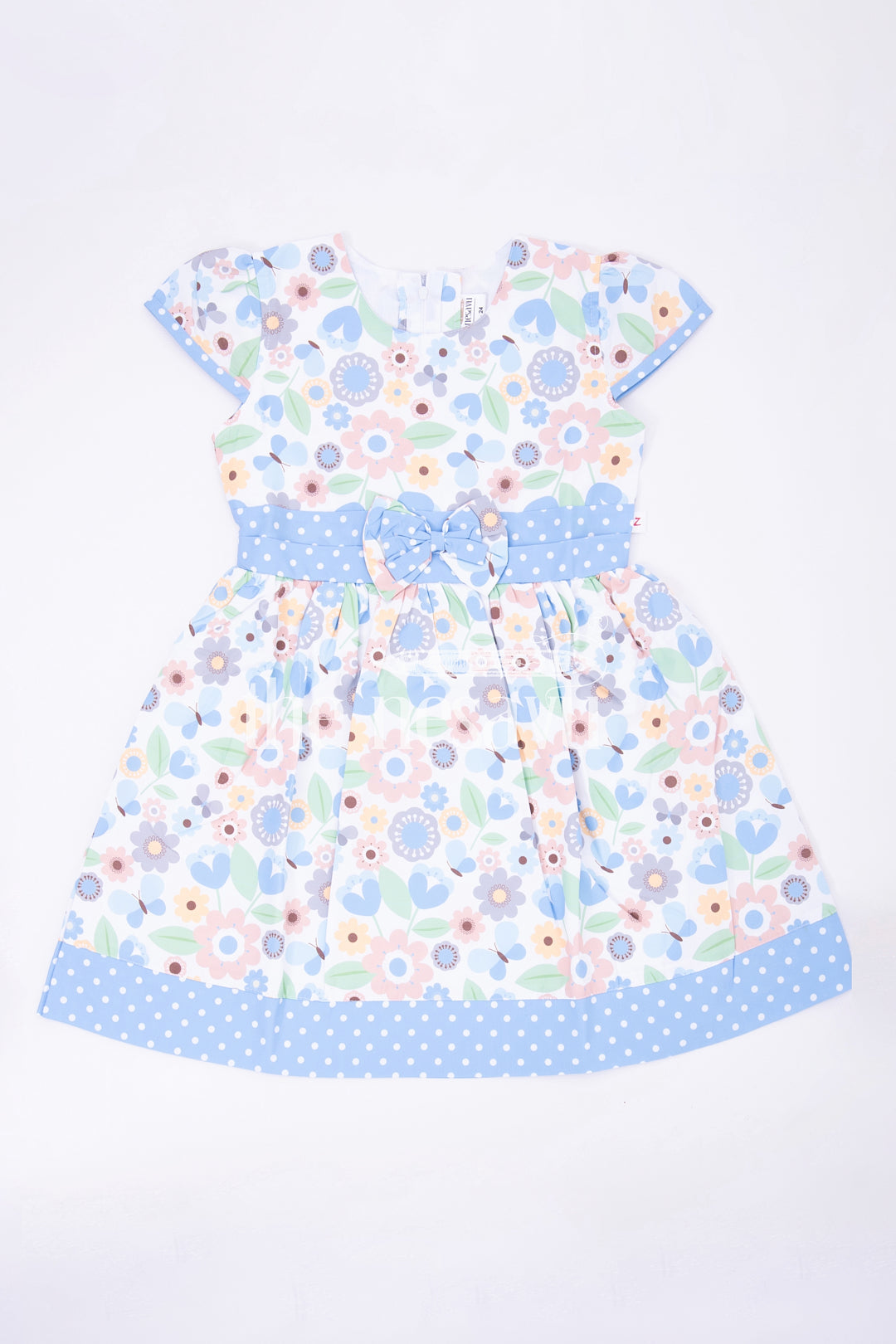 The Nesavu Girls Fancy Frock Blue Polka Dot and Floral Frock with Bow Embellishment Nesavu 20 (3Y) / Blue GFC1376B-20 Blue Polka Dot and Floral Frock with Bow Embellishment for Girls - Nesavu