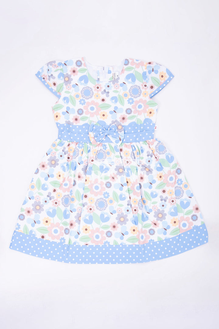 The Nesavu Girls Fancy Frock Blue Polka Dot and Floral Frock with Bow Embellishment Nesavu 20 (3Y) / Blue GFC1376B-20 Blue Polka Dot and Floral Frock with Bow Embellishment for Girls - Nesavu