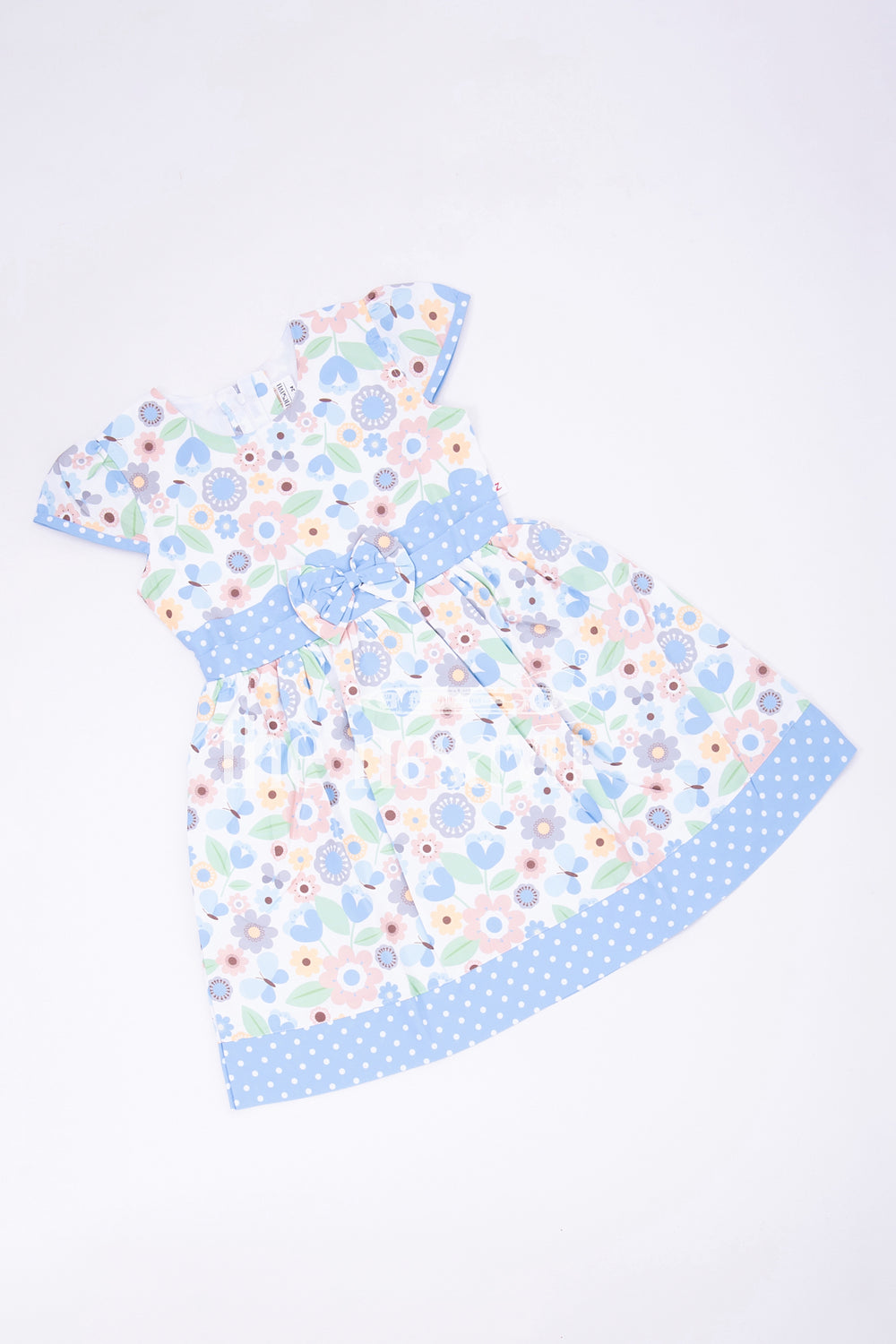 The Nesavu Girls Fancy Frock Blue Polka Dot and Floral Frock with Bow Embellishment Nesavu Blue Polka Dot and Floral Frock with Bow Embellishment for Girls - Nesavu