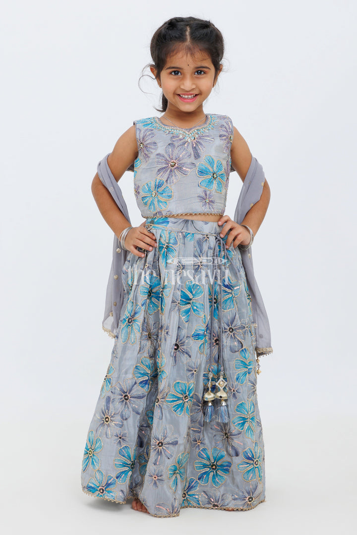 The Nesavu Girls Lehenga Choli Blue Shimmer Tissue Lehenga Choli with Floral Embroidery Nesavu 16 (1Y) / Blue GL438B-16 Blue Shimmer Tissue Lehenga Choli with Floral Embroidery - Nesavu